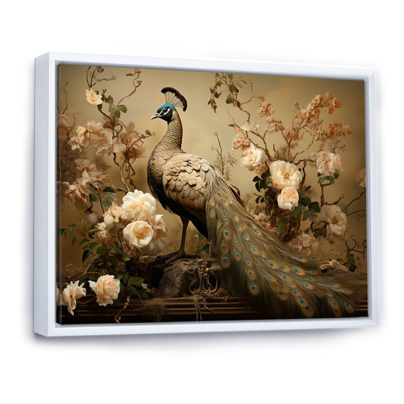 Ornement de fleur de paon classique rétro - impressions encadrées paon, 12" H x 20" W, Cadre flottant blanc
