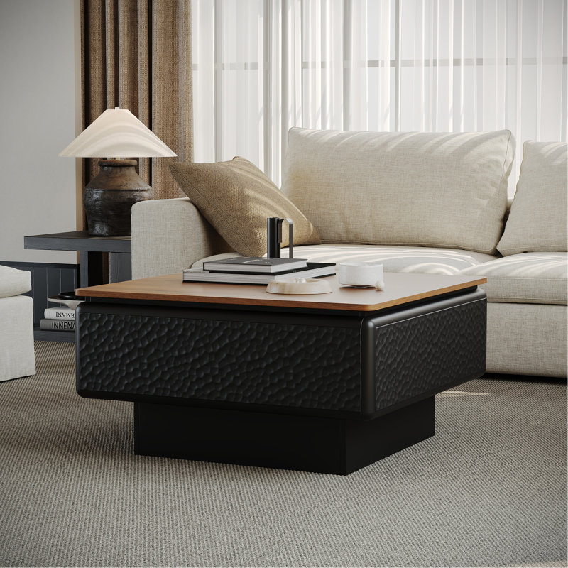 Table basse à plateau relevable de 31 pouces pour le salon, table basse moderne avec rangement caché, table centrale carrée, plateau noir et brun