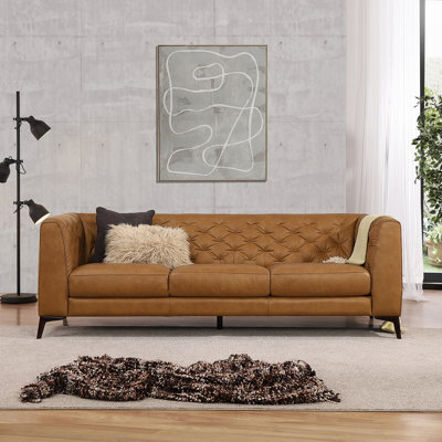 Moishe Havana 90" Mid Century Modern Tufted Genuine Leather Sofa