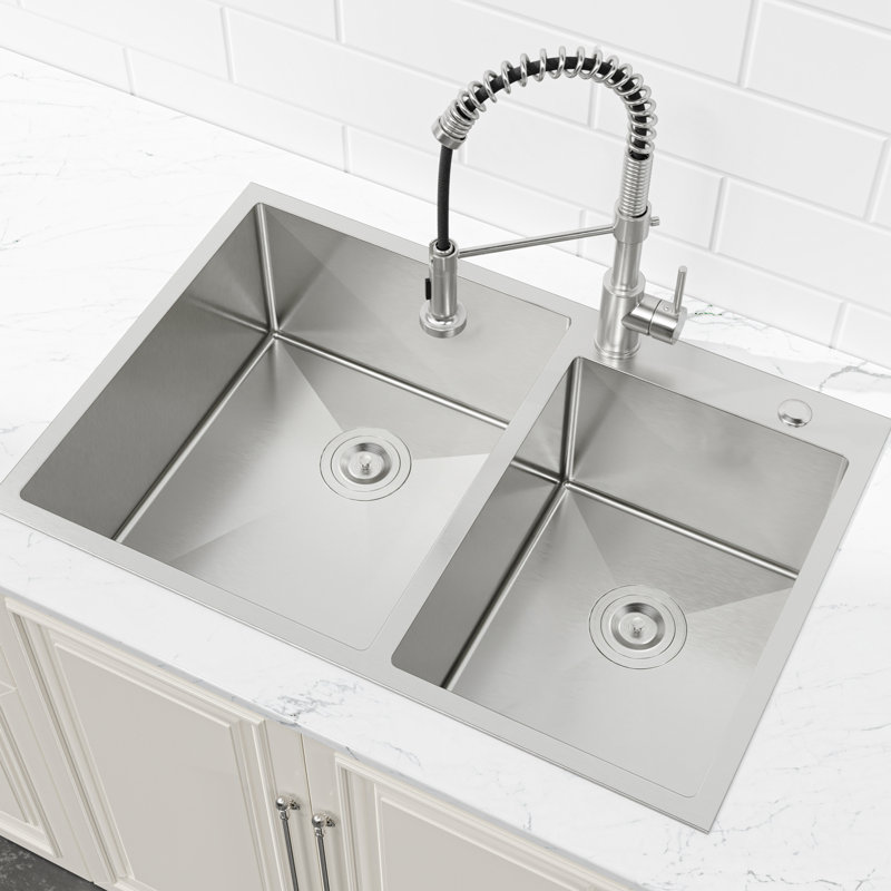 Évier de cuisine encastré 33 po x 19 po à double cuve, lavabo sur pied fait à la main brossé (évier seulement)