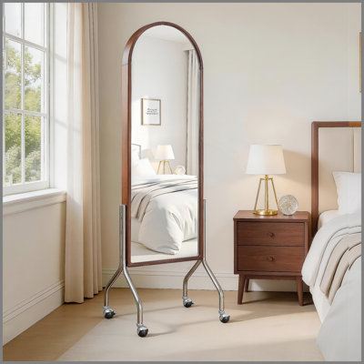 Miroir arqué pleine longueur avec tablettes et roulettes de rangement, miroir de plancher à cadre en bois d'hévéa, miroir roulant autoportant avec chariot, miroir 2-en-1 et bibliothèque pour le salon de la chambre à coucher