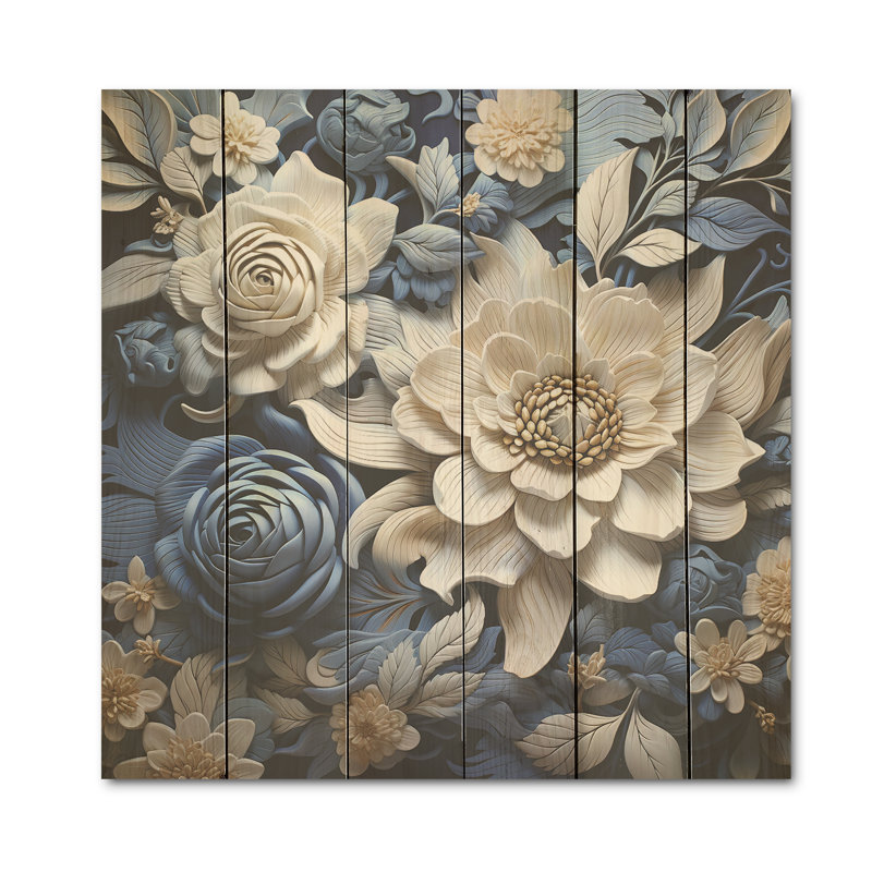 «Blue» and Seasonal Flowers Collage I - Fleurs, art mural sur bois de pin naturel, H 30 po x l 30 po