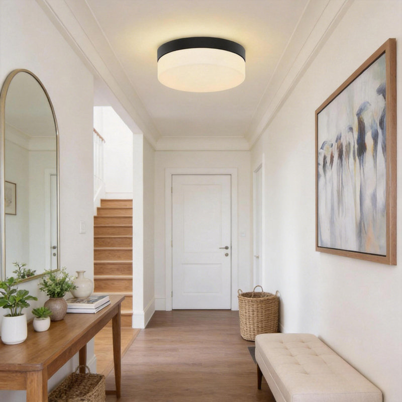 Plafonnier encastré 12 po à intensité variable de 5 carats avec abat-jour en verre laiteux, finition noir mat pour la chambre à coucher du salon