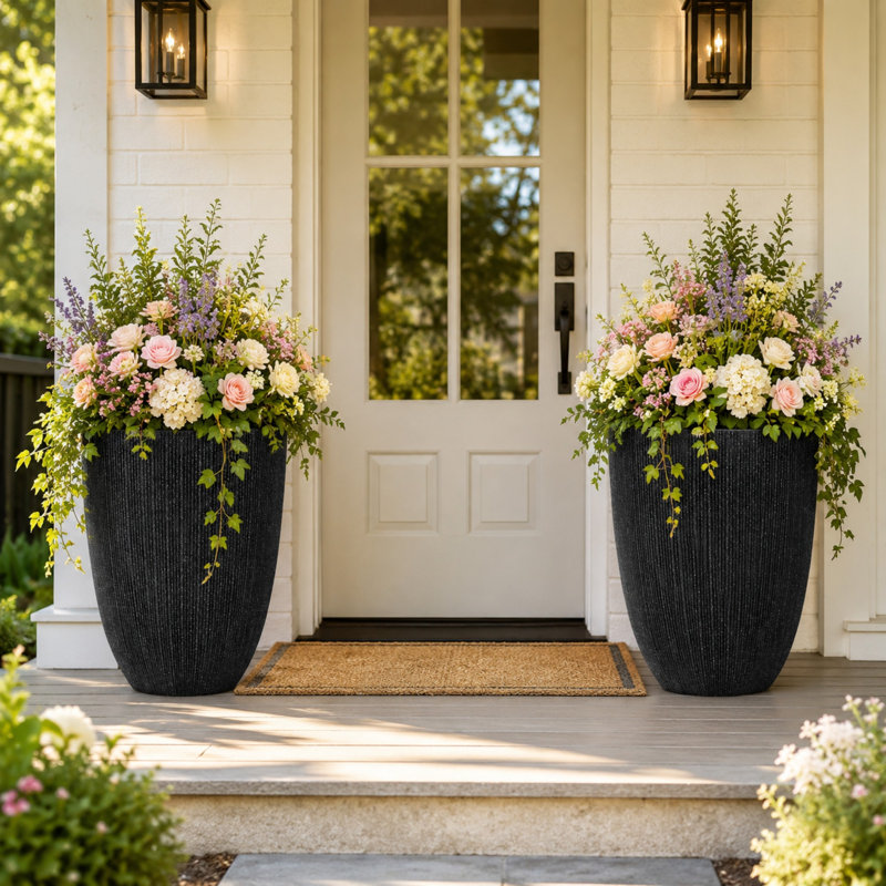 Ensemble de 2 pots à fleurs ronds noirs avec trou de drainage 19,09 "H, Noir