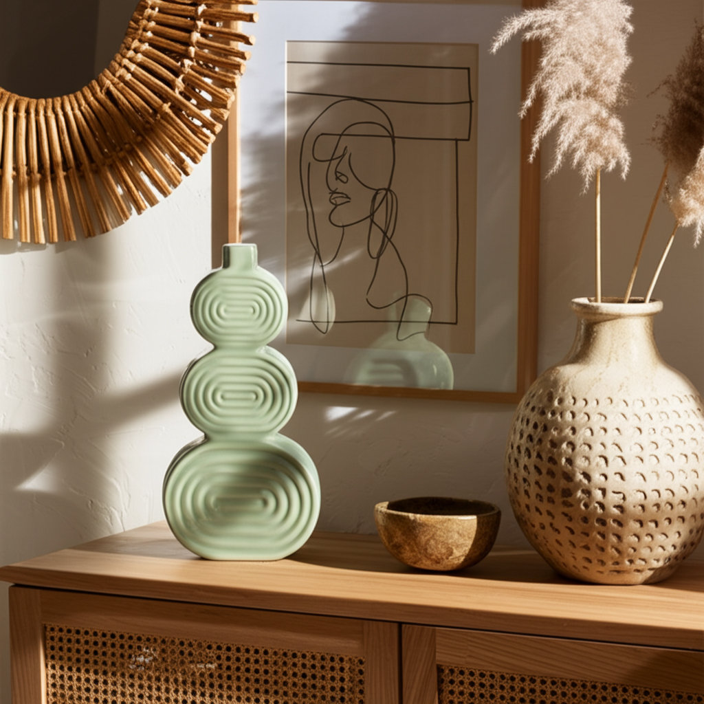 Alorie Ceramic Table Vase, Circles Green, 12" H x 6" W x 3" D