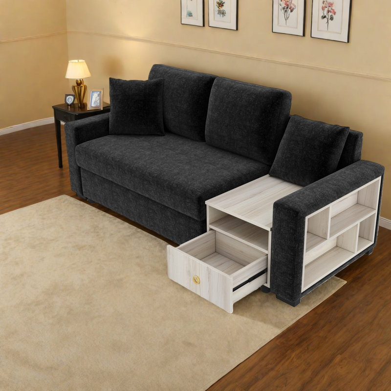 Canapé moderne peu encombrant, revêtement en chenille noir avec rangement