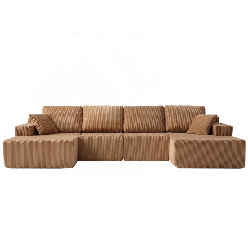 Canapé modulaire en forme de U 130 po en velours côtelé avec support à ressorts pour matelas, Brown Corduroy, Brown