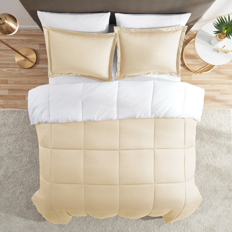 All Season Down Alternative Reversible Comforter Set, Cream/White, Queen Comforter + 2 Standard Shams