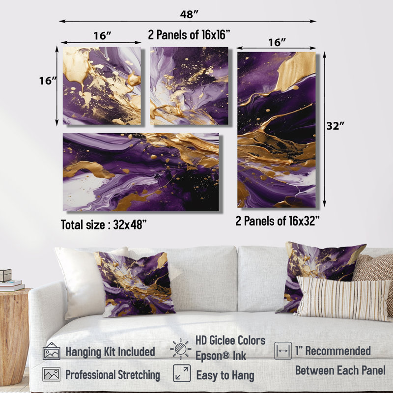 Mauve et or liquide Magic III - art mural moderne mauve 4 pièces, Reproduction encadrée sans passe-partout, Noir