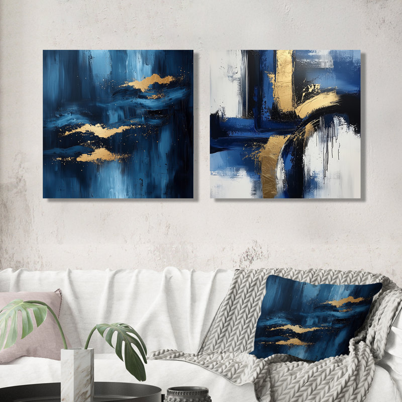 «Blue and Gold Ink Expression I - Abstract Shapes Wall Art», ensemble d'art mural moderne 2 pièces, H 16 po x l 33 po