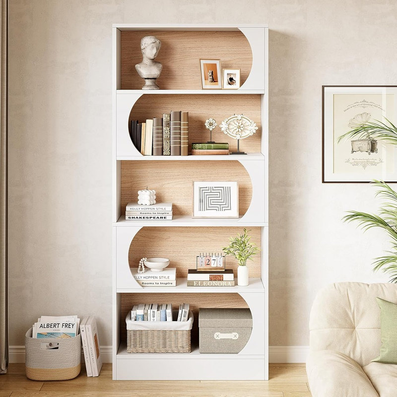 Grande bibliothèque autoportante moderne à 5 niveaux - blanche et noyer - avec rangement pour le bureau, la maison ou la salle de classe