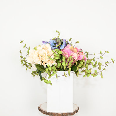 14" Artificial Eucalyptus Hydrangea Floral Arrangement In Metal Vase, Farmhouse Greenery Foliage Branch Sprays Long Stem Flower Bulk Bouquet For Wedding Party Home Office Table Centerpiece Shelf Decorations