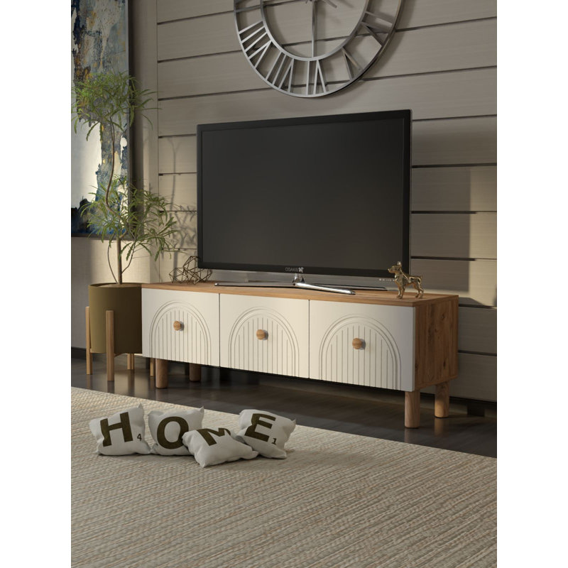 Meuble télé moderne avec option de fixation murale, pin atlantique et blanc, 53,1 po x 18,5 po x 13,8 po | Panneau de particules 100% mélaminé, épaisseur: 0,7 pouce | Plusieurs tablettes, conception géométrique pour un salon élégant