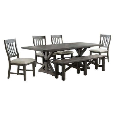 Sunset Trading Trestle 6 Piece Dining Set With Bench | 96"" Rectangular Extendable Table | 4 Upholstered Side Chairs | Distressed Gray Wood | Seats 8 -  ED-SK100-170BN-6P