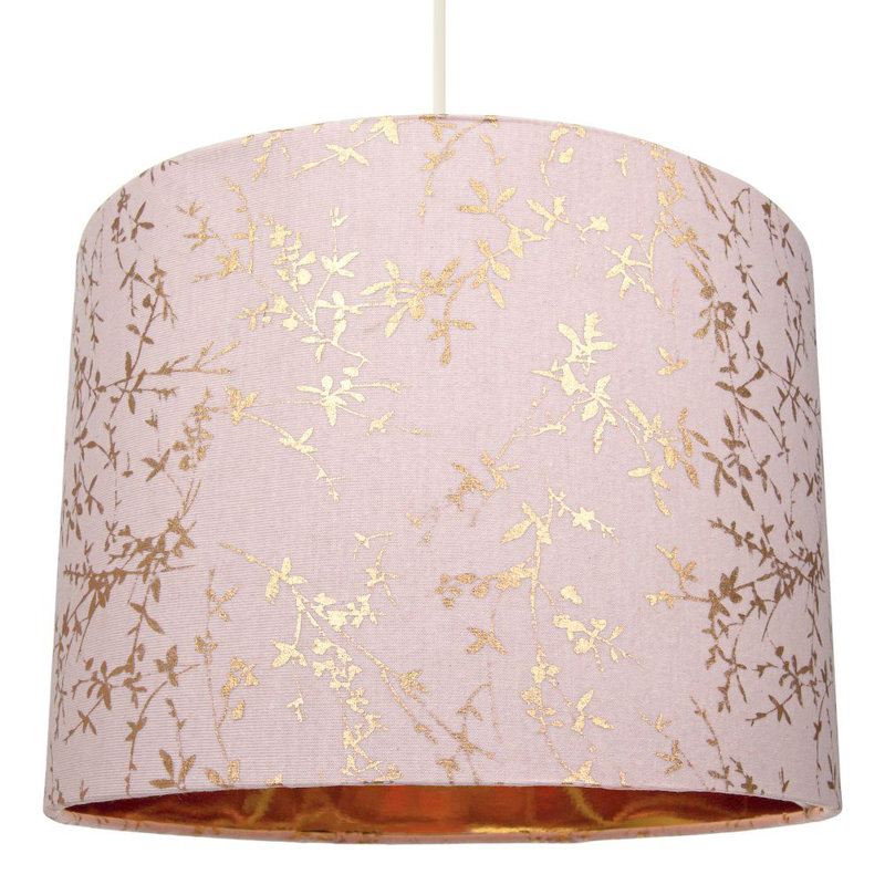 Modern Soft Cotton Fabric Lamp Shade with Shiny Foil Floral Decoration, 18cm H x 25cm W x 25cm D, Pink