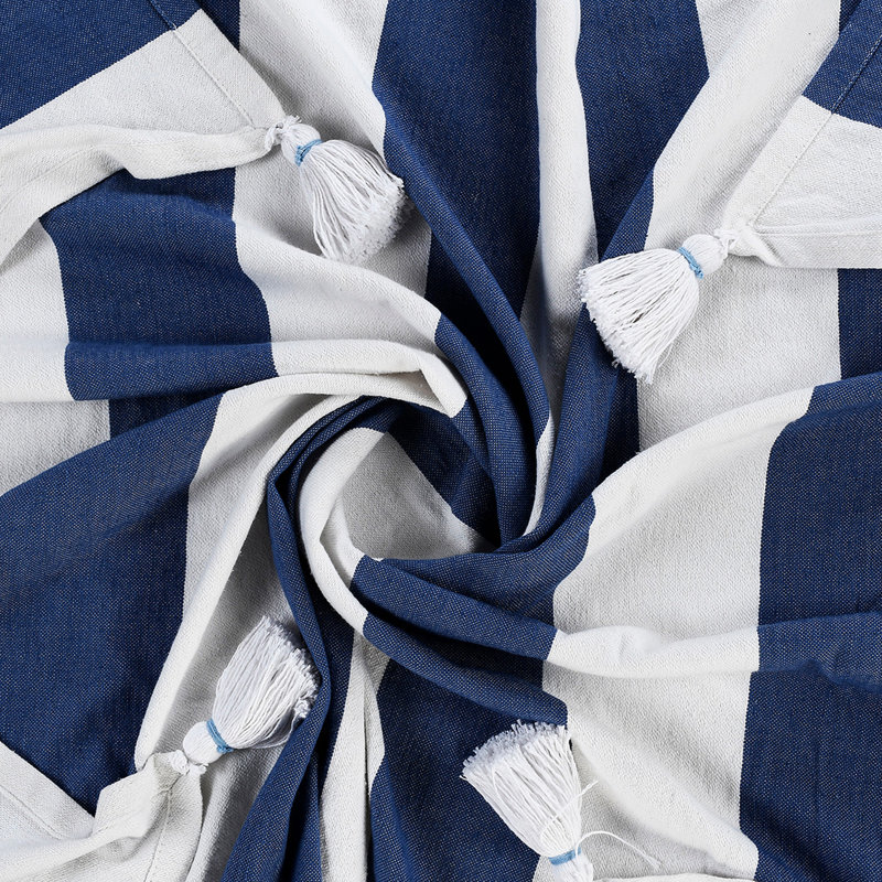  Jeté rayé 100% coton avec pampilles, Bleu marine / rayures blanches 2