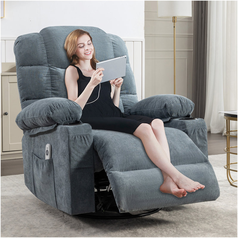 Massage Rocker Recliner Chair Rocking Chairs For Adults Oversized With 2 Cup Holders, USB Charge Port Soft Features A Manual Massage And Heat.A+B BLUE