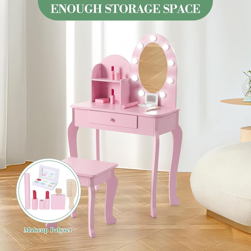 Ensemble de coiffeuse princesse pour filles - table de maquillage pour enfants avec lumières tactiles, miroir, tabouret et ensemble de jeu en bois