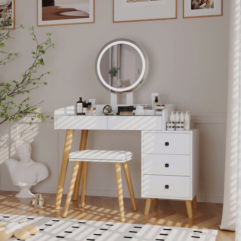 Extendable LED Vanity Table with 5 Drawers & Stool