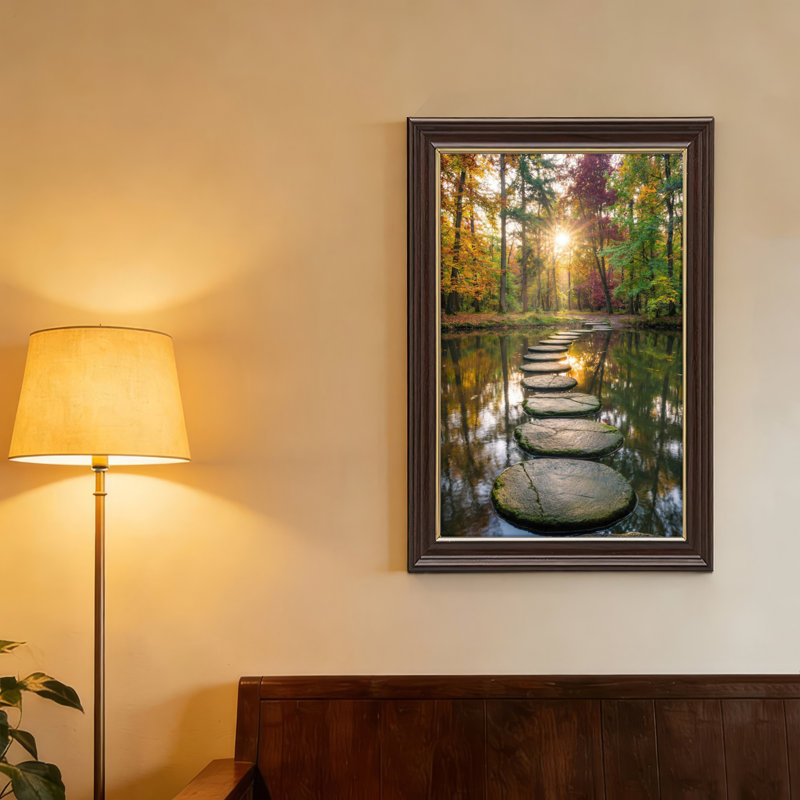 Art mural antique sur toile encadré doré pour le salon, la chambre à coucher, le bureau ou le vestibule - décoration murale décorative avec sentier forestier