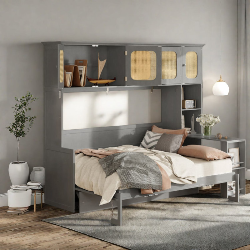 Lit double compact avec rangement, lit escamotable moderne en bois et panneau de fibres à densité moyenne pour la maison