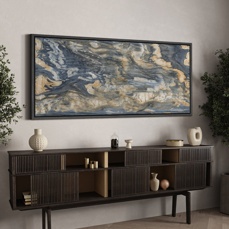 Reproduction d'art moderne sur toile encadrée moderne bleu marine et jaune, H 30 po x l 60 po, Noir, noir, noir, noir