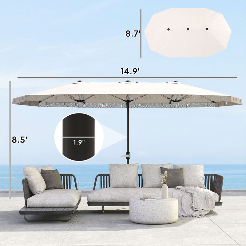 Très grand parasol d'extérieur pour terrasse, rectangulaire, avec frange et manivelle