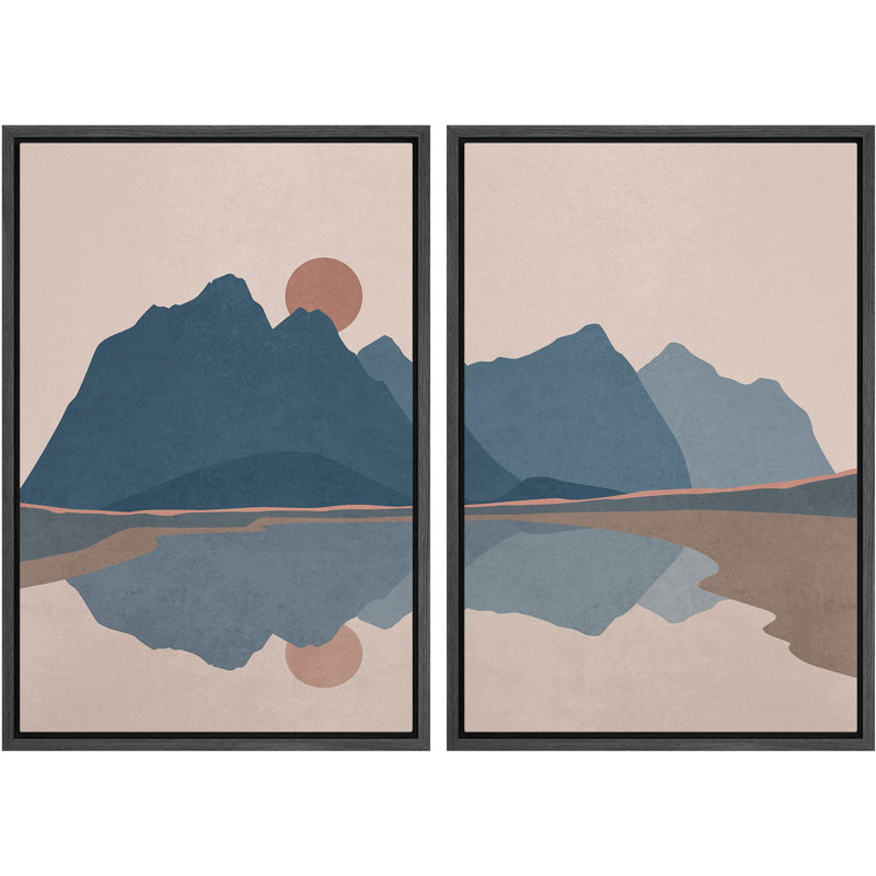 Multicolore rustique, soleil levant sur montagnes bleues et lac, nature sauvage, illustrations modernes, Noir