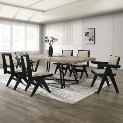 Hokku Designs 7 Piece Rectangular Wooden Dining Set In Black & Light Gray brownWood in Black/Black/Brown | 6