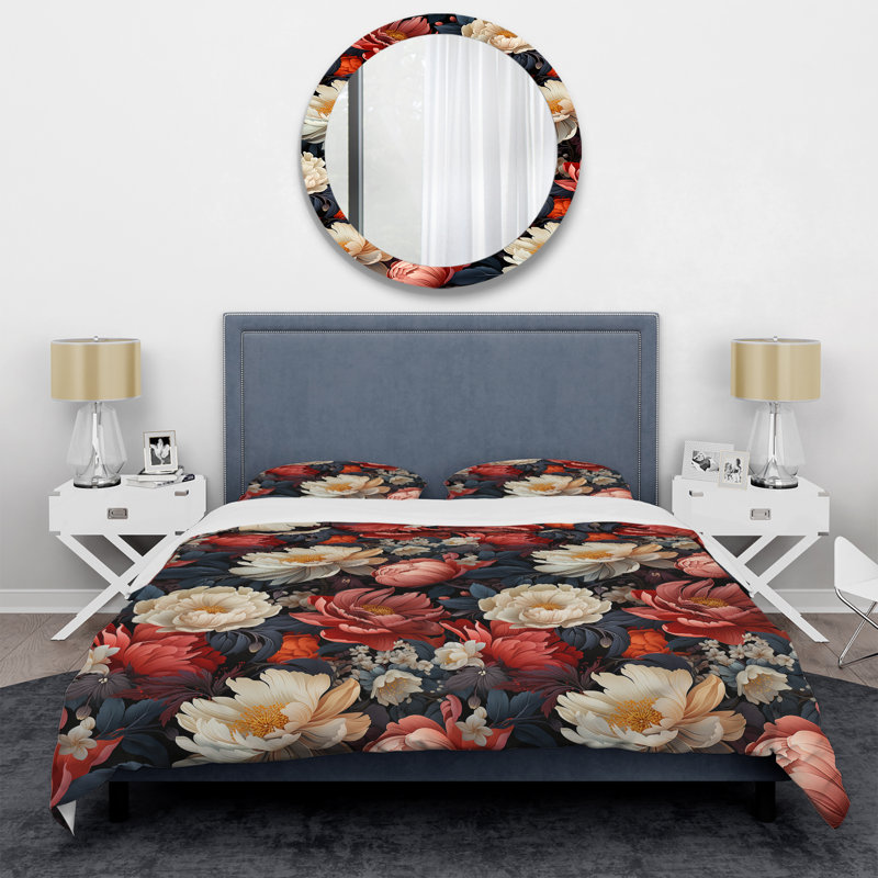 Literie rouge et beige Poppy Blossum Field II, Housse de couette pour très grand lit et 2 très