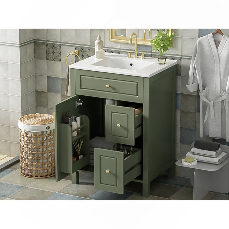 Meuble-lavabo de 24 pouces avec lavabo en céramique, 1 porte à fermeture en douceur, 2 tiroirs à fermeture en douceur et 2 supports de rangement sur la porte
