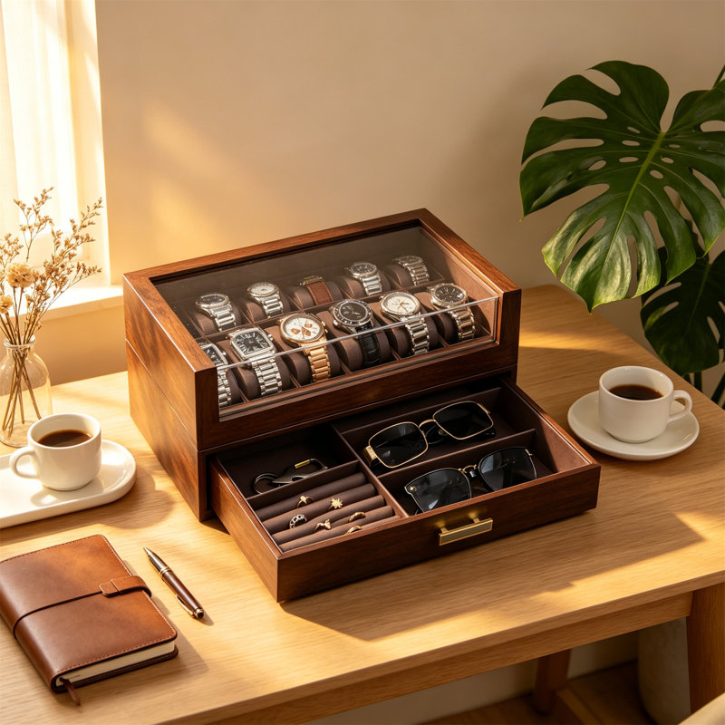 High End Watch Box, 12-Slot Wooden Watch Case With Drawer, 2-Layer Watch Holder Organizer With Lid