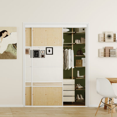Portes CHIC MODE 60 po x 80 po, porte coulissante en MDF de pin à 4 carreaux, moitié miroir, moitié pin, avec quincaillerie
