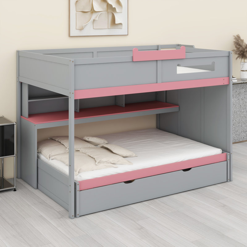 Lit superposé avec lit gigogne escamotable, accès pour escalier, tablettes intégrées et éclairage à DEL, Gris / Rose