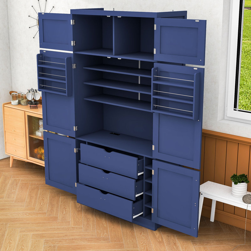 Grand garde-manger élégant avec portes, tiroirs et tablettes réglables, Dark Blue