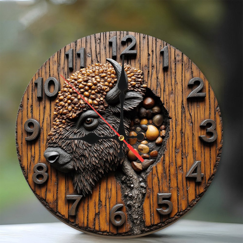 Horloge murale bison en bois rustique