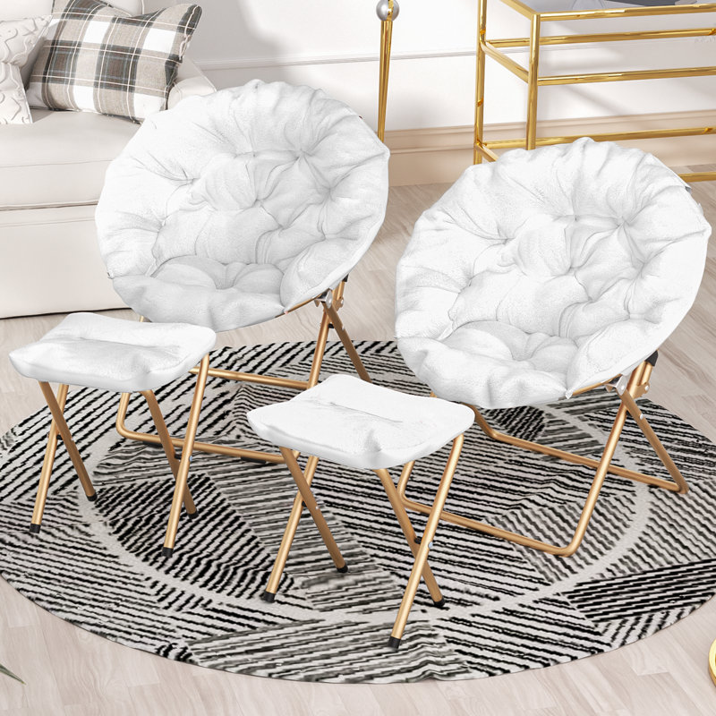 Cozy Saucer Chairs with Footrest Ottoman, Foldable Papasan Chairs Lounge Chairs for Bedroom Living Room, White