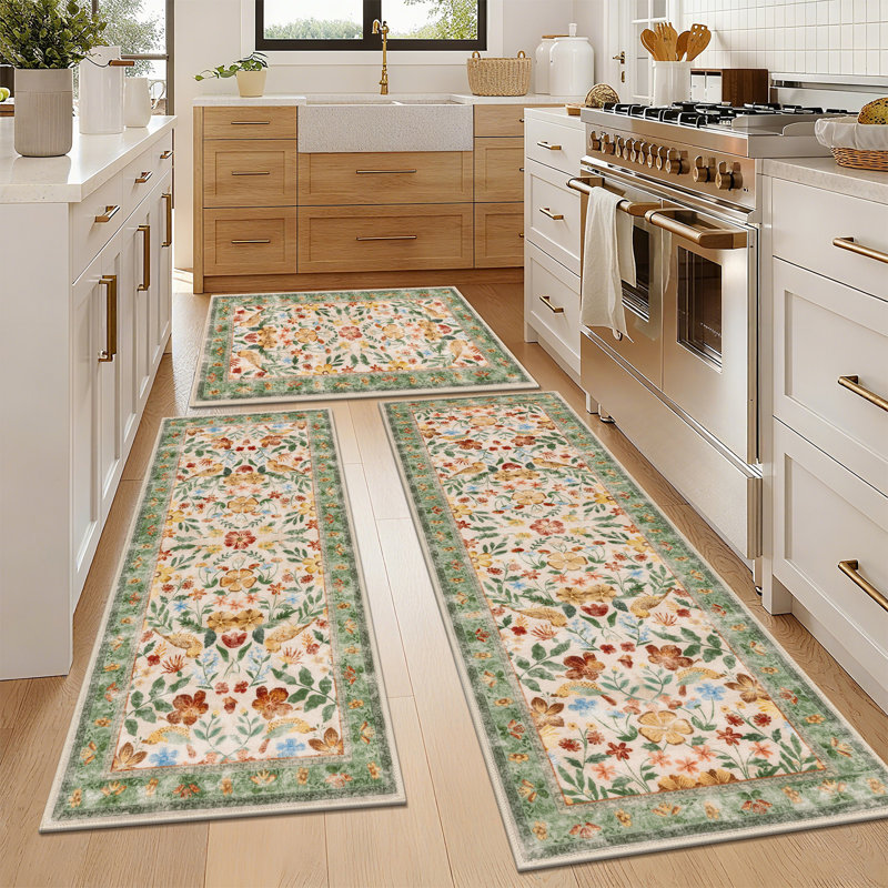 Machine Washable Non-Slip Kitchen Mat, Green/Brown