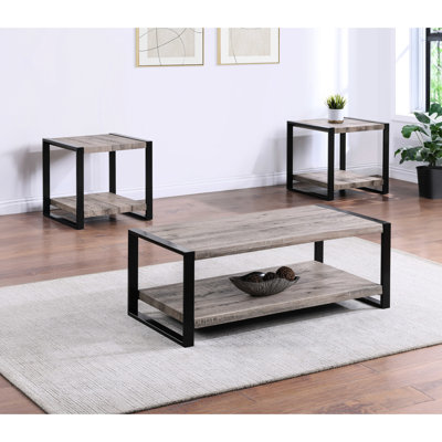3 pièces Cocktail - Table basse rectangulaire et 2 tables de bout carrées en brun rustique noir, mobilier moderne en bois pour le salon, tables contemporaines, pièce