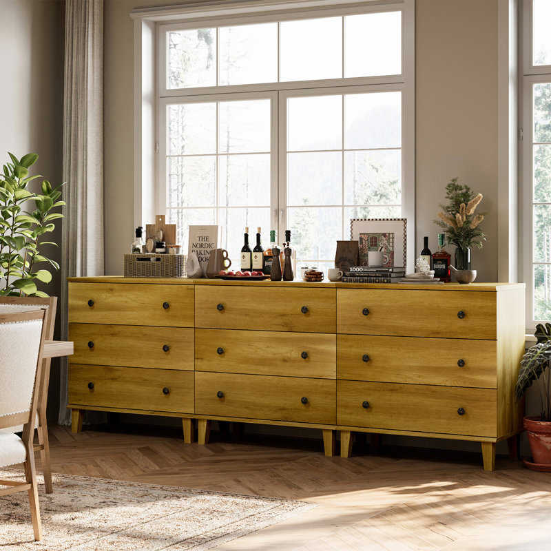 Dresser With 9 Drawers, Modern Chest Of Drawers W/Solid Wood Legs Dressers Buffet Storage Cabinet For Living Room, Baby Room, Nursery,Oak