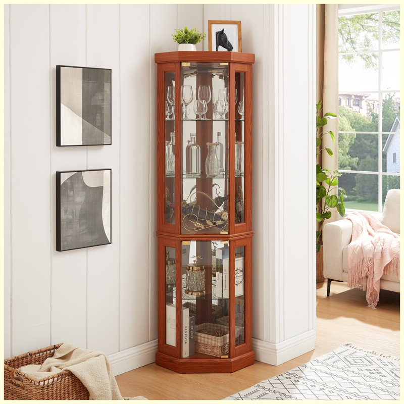 Modern Corner Curio Cabinet/Display Cabinet for Living Room, Dark Oak