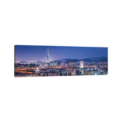 Seoul Skyline at Night with View of Lotte World Tower 1 Piece Wrapped Canvas Panoramic Wall Art