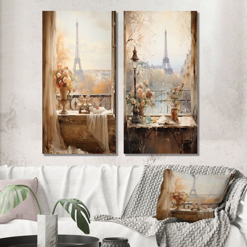 Paris, printemps, balcon, élégance I - Paris, ensemble de 2 reproductions d'art en métal, H 32 po x l 32 po