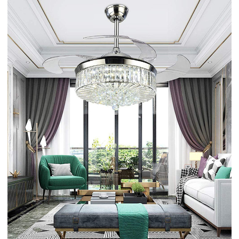 42'' Derice 4-Blade LED Crystal Chandelier Ceiling Fan with Remote Control and Light Kit Included