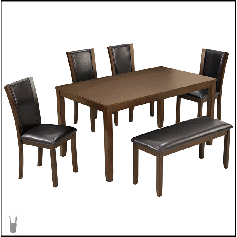 Ensemble de table de salle à manger 6 pièces avec banc et chaises, style maison de campagne en bois pour 6 personnes, parfait pour les réunions de famille confortables et un décor rustique