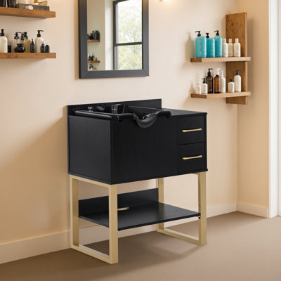 Station de shampooing avec lavabo avec robinet, 2 tiroirs et tablette de rangement