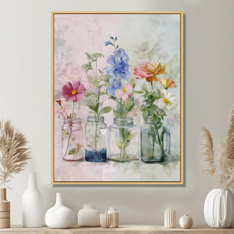 Maison de campagne avec bouquets de fleurs sauvages, H 40 po x l 30 po, Cadre flottant, Doré