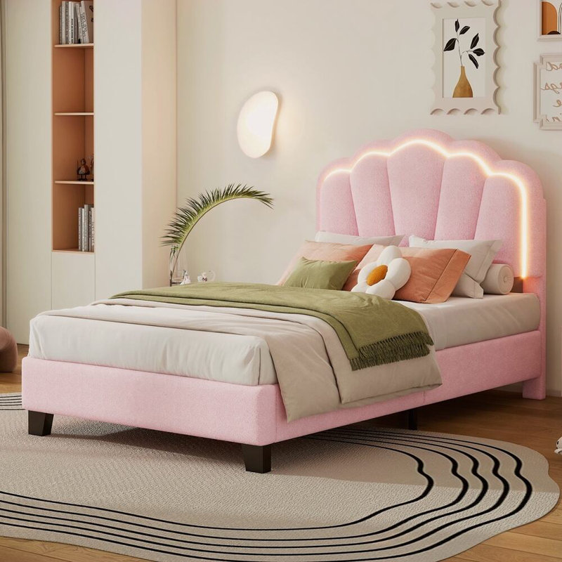 Lit tapissier en forme de fleur Kitzie, tête de lit à fleurs élégante avec bande lumineuse à DEL, lit plateforme en tissu sherpa avec support à lattes en bois