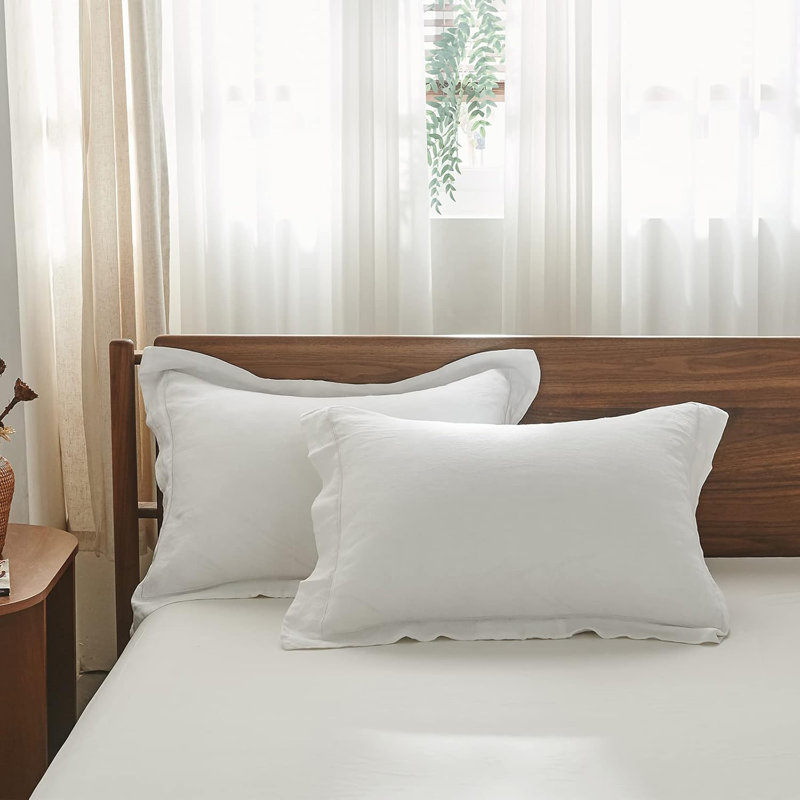 Ensemble de 2 taies d'oreiller 100% lin 100% lin français brodé, Taies d'oreiller pour grand lit, Blanc