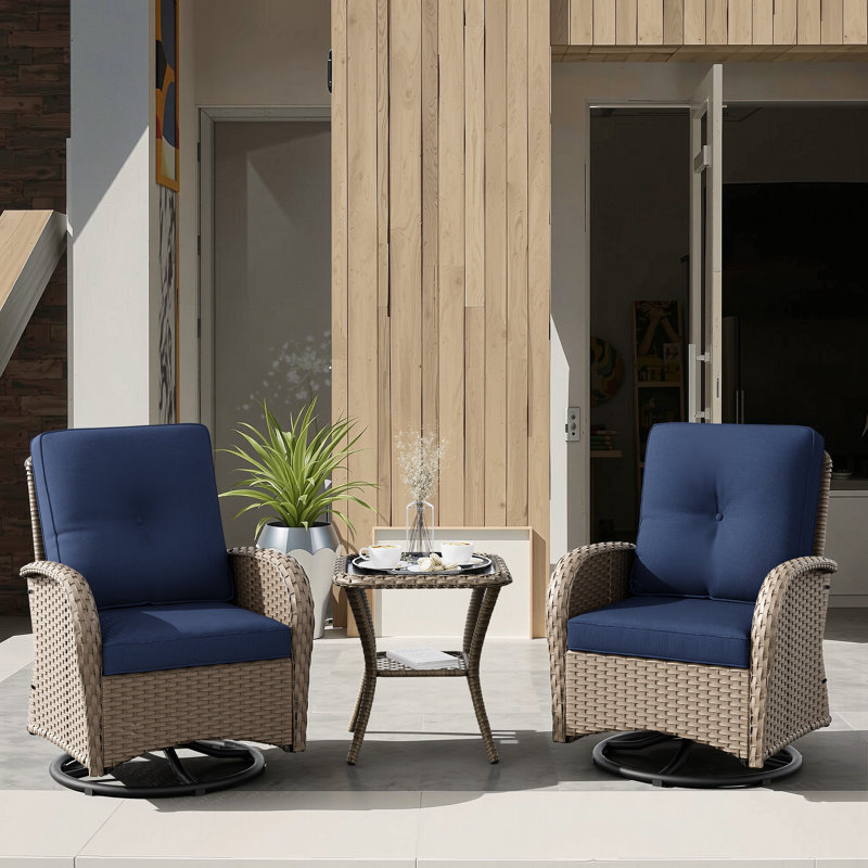 Chaises pivotantes d'extérieur avec coussins 3 pièces Maximos, Bleu marine, Naturel